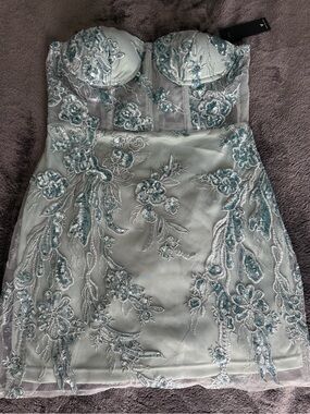 Lulu's Mint Strapless Embroidered Mini Dress